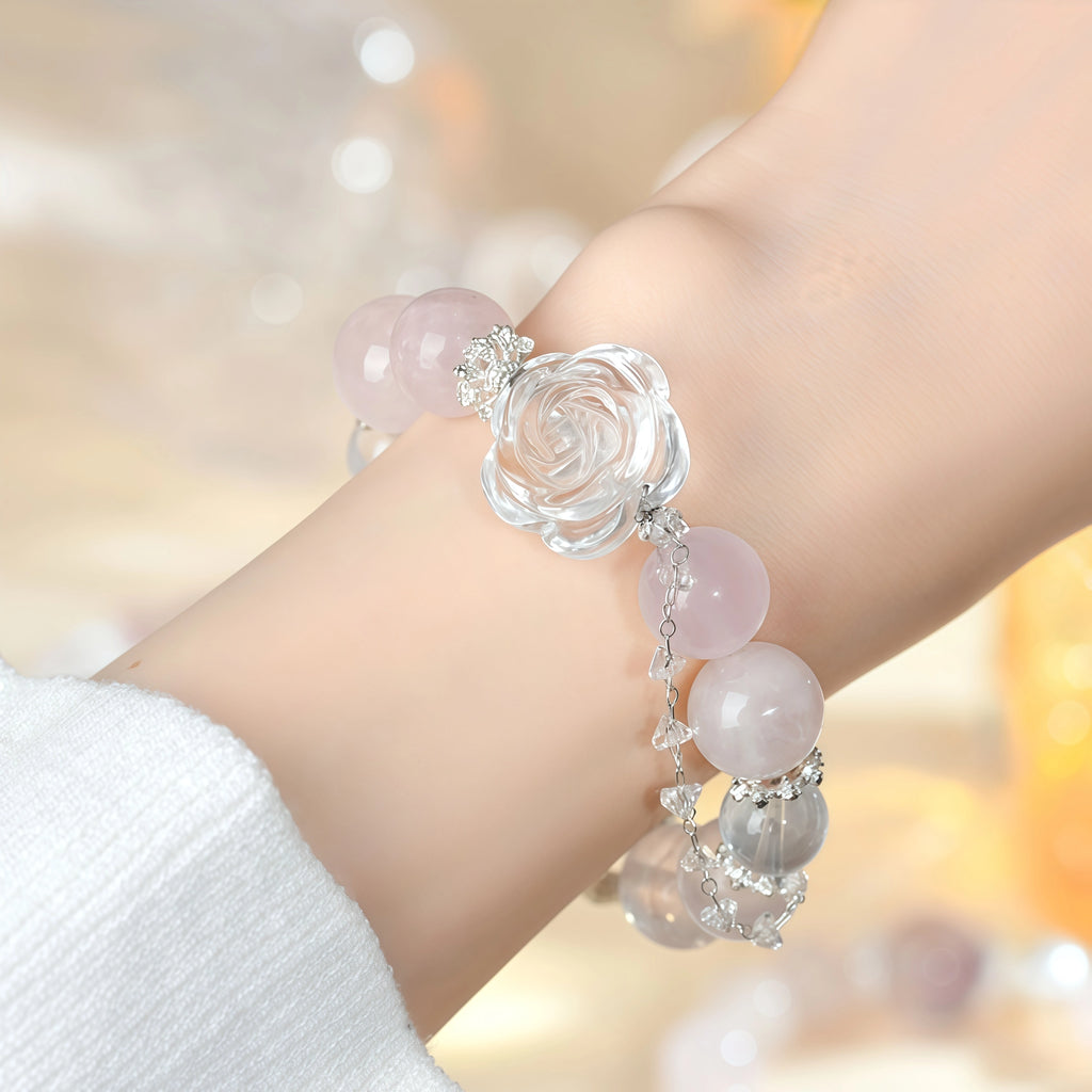 Venus Bloom - Rose Quartz & Clear Quartz Rose Love Bracelet