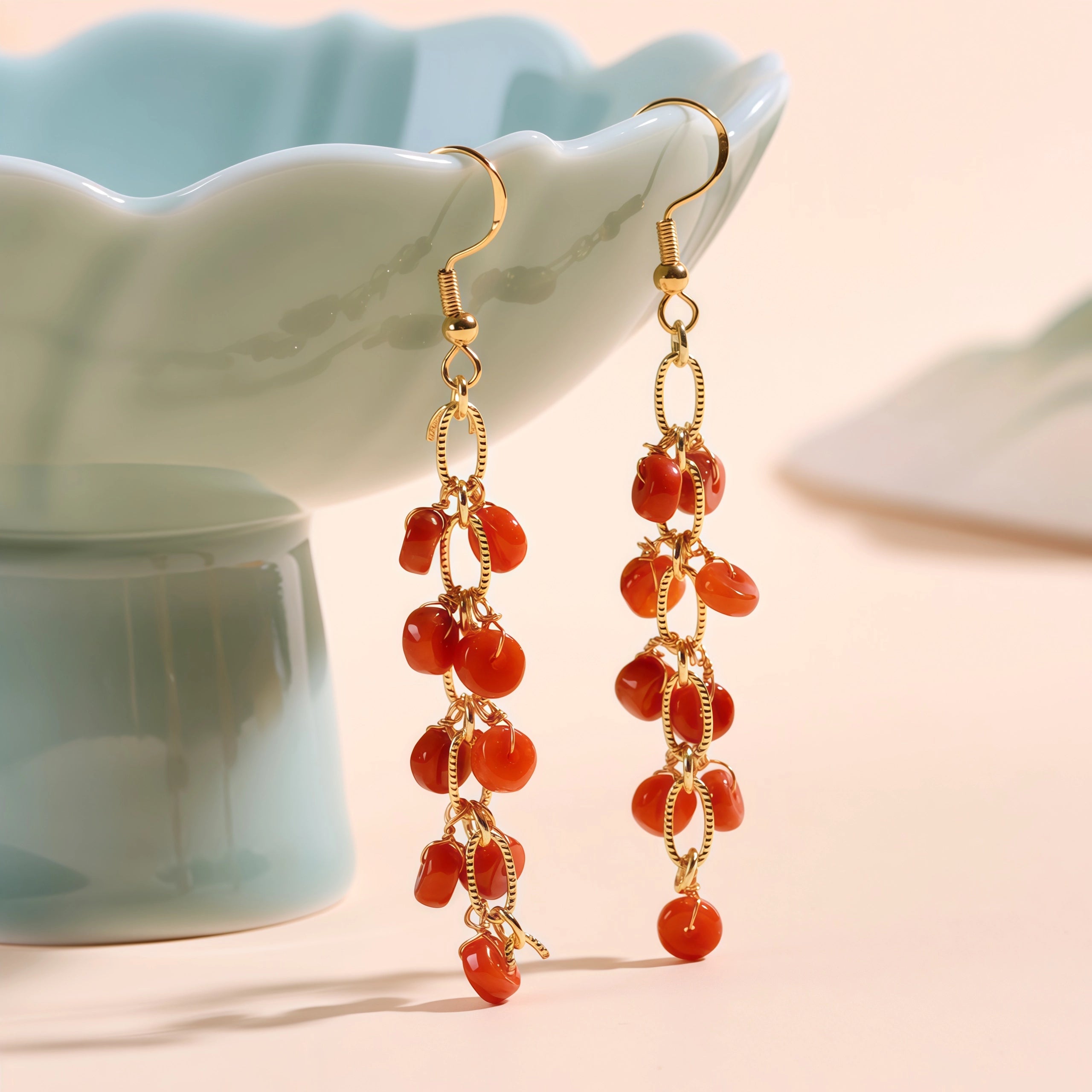 Scarlet Flow - Red Agate Vintage Tassel Earrings