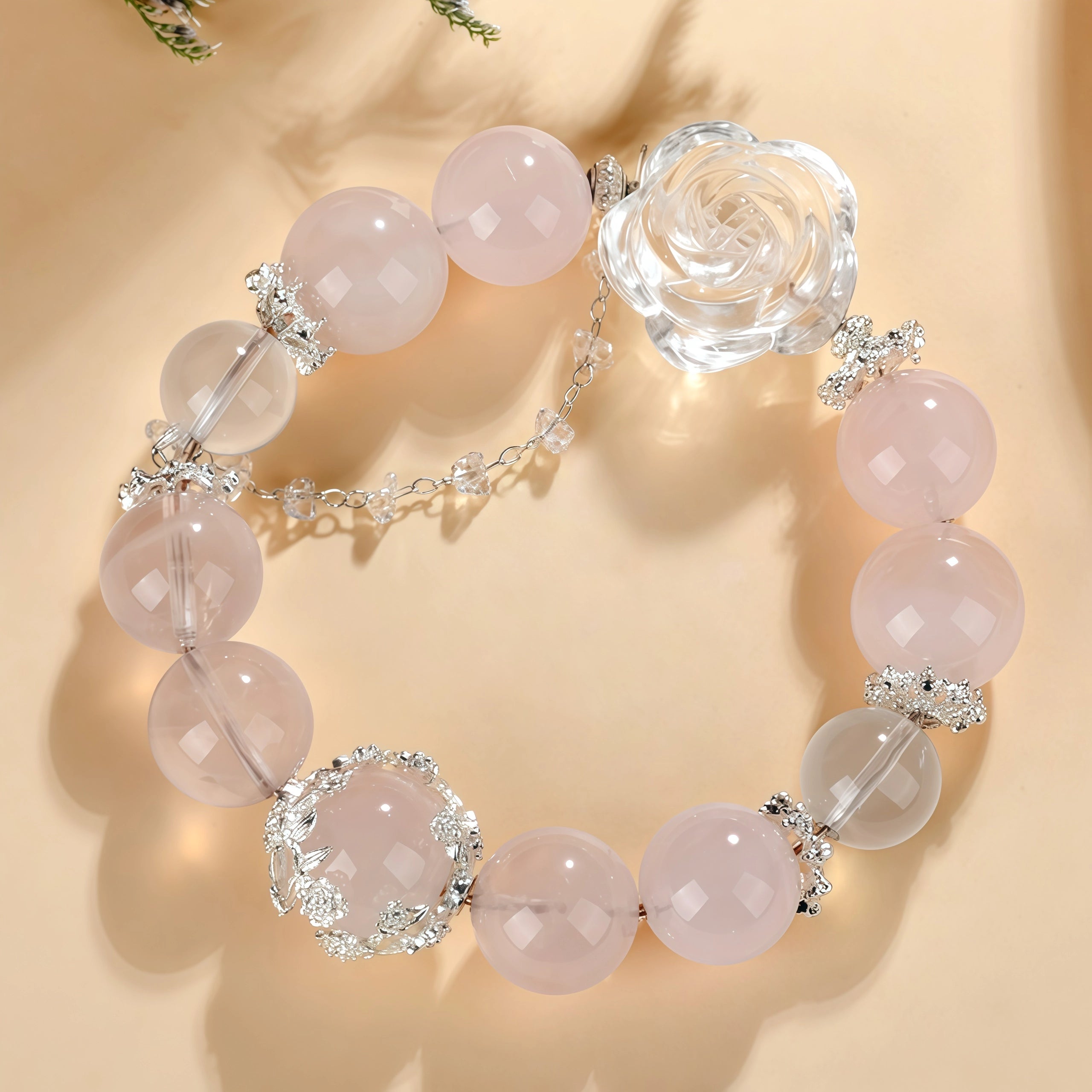 Venus Bloom - Rose Quartz & Clear Quartz Rose Love Bracelet