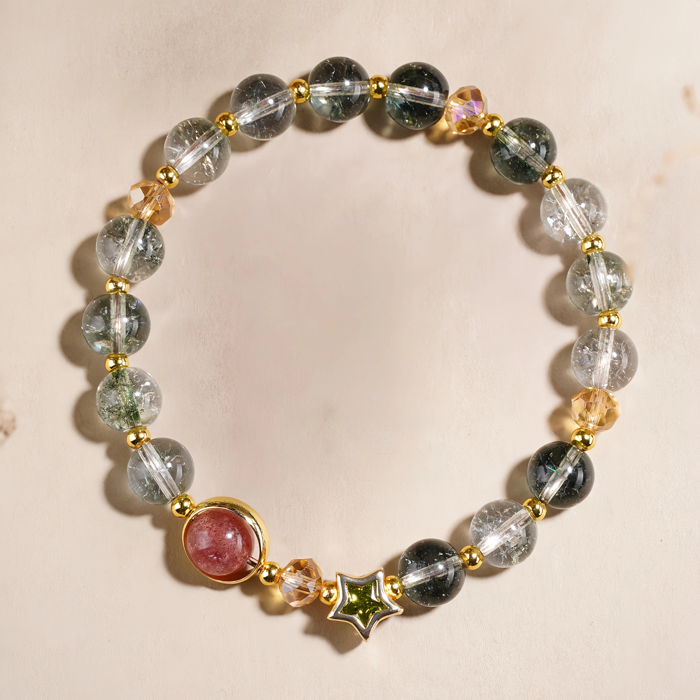 Jupiter's Luck - Green Phantom & Strawberry Quartz Star Bracelet