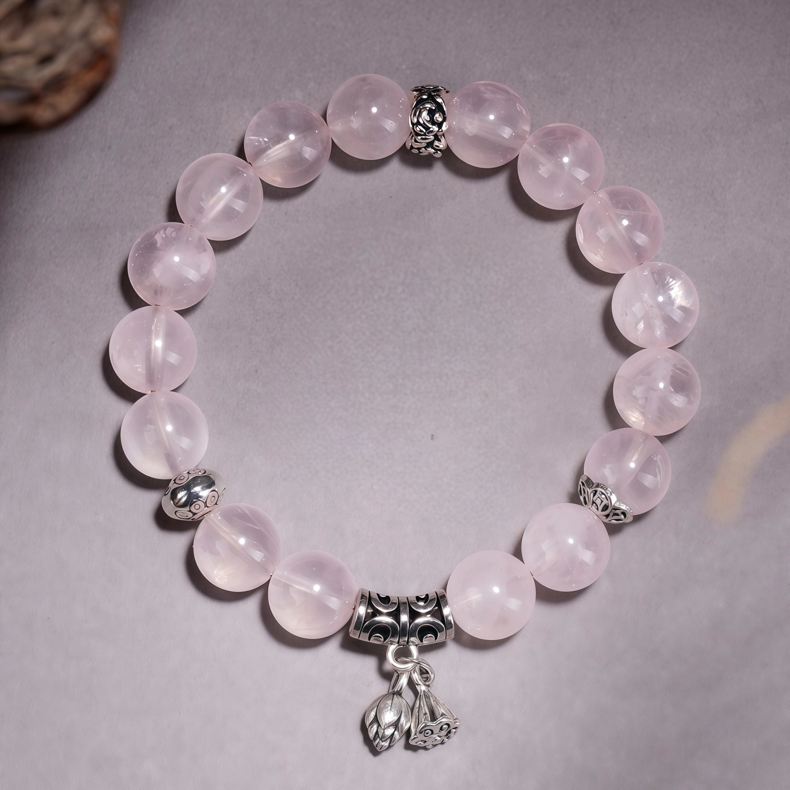 Blossoming Karma - Mozambique Rose Quartz & Silver Lotus Bracelet