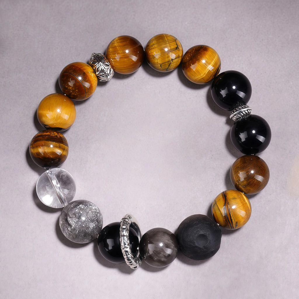 The Celestial Guardian - Tiger's Eye & Silver Obsidian Planet Bracelet