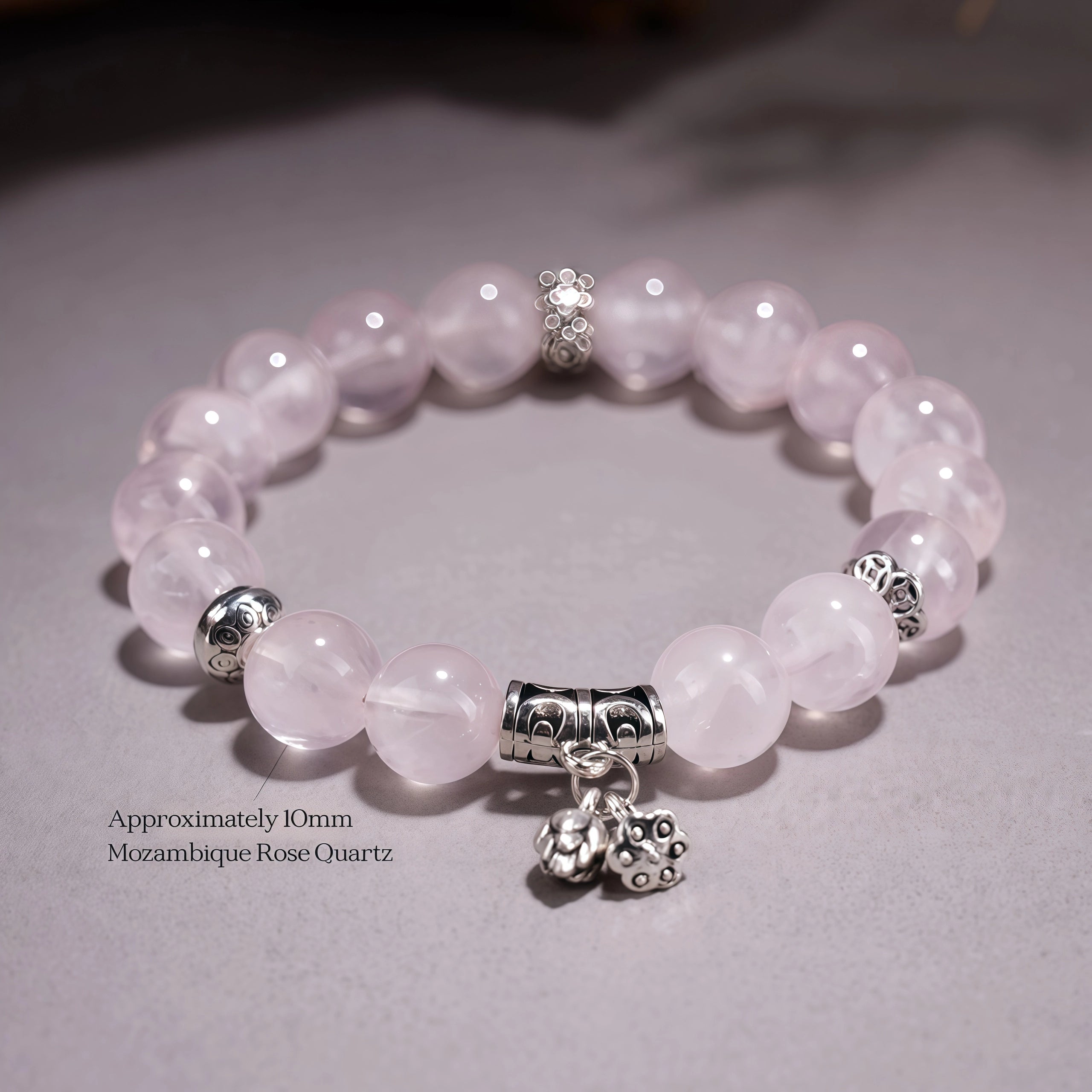 Blossoming Karma - Mozambique Rose Quartz & Silver Lotus Bracelet