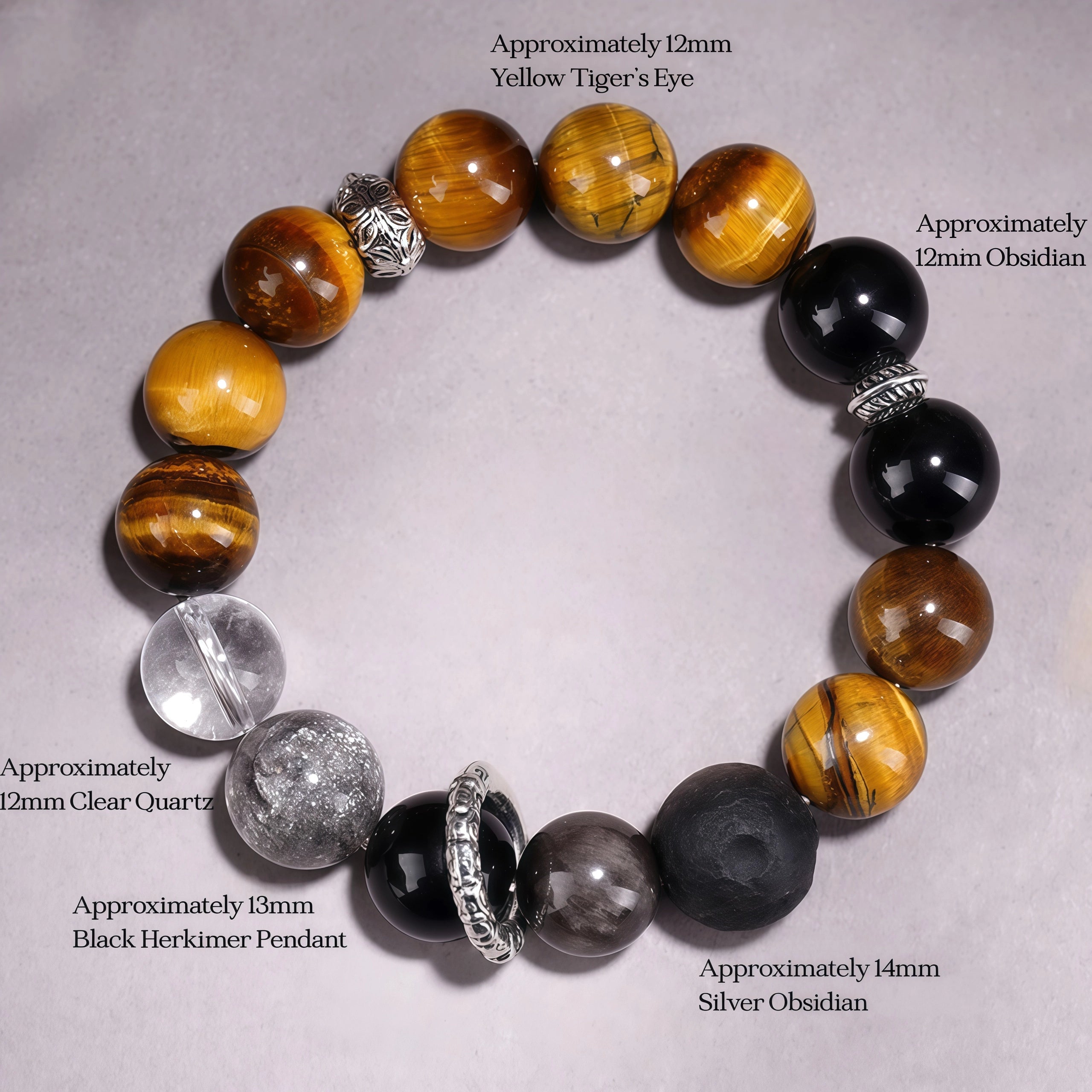 The Celestial Guardian - Tiger's Eye & Silver Obsidian Planet Bracelet