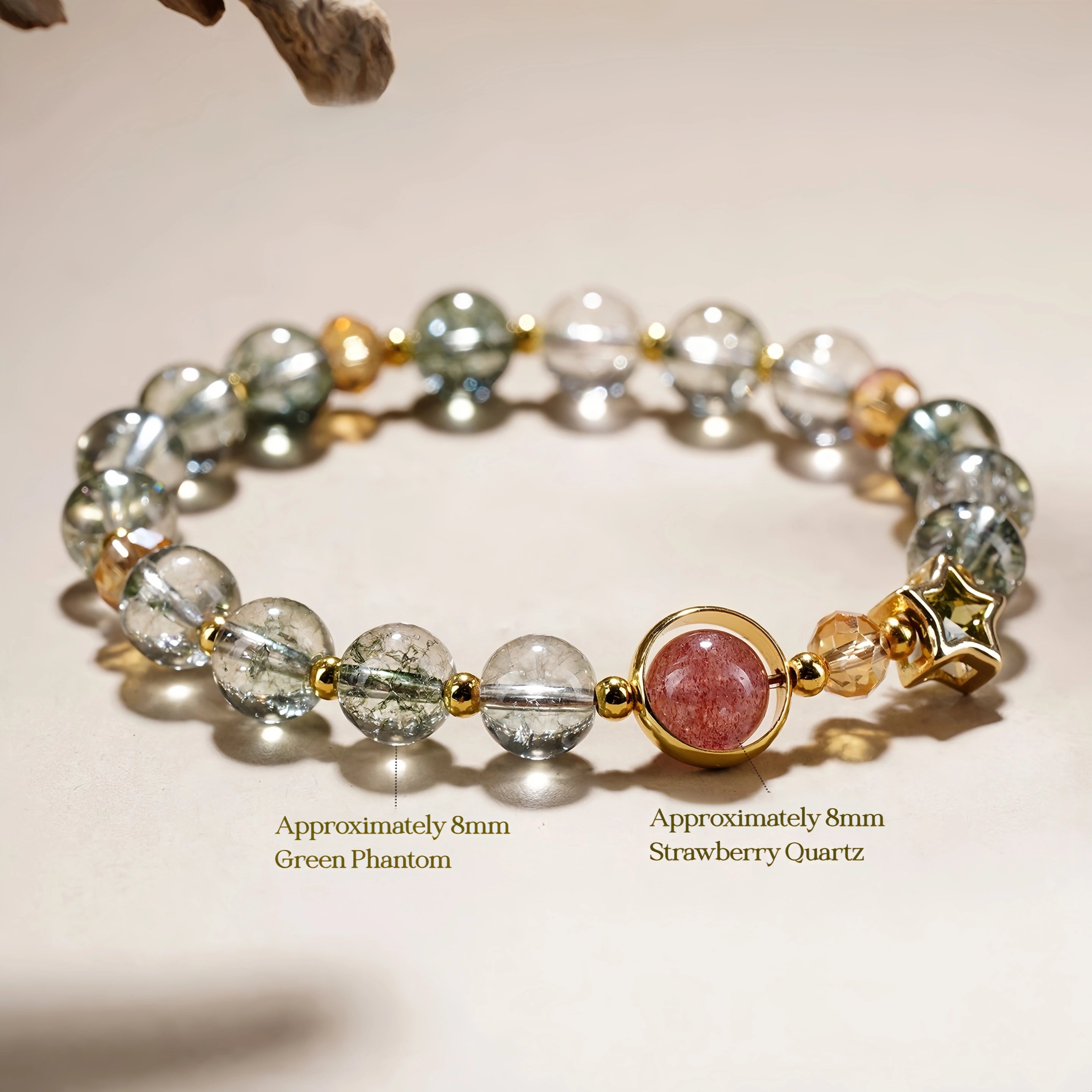 Jupiter's Luck - Green Phantom & Strawberry Quartz Star Bracelet