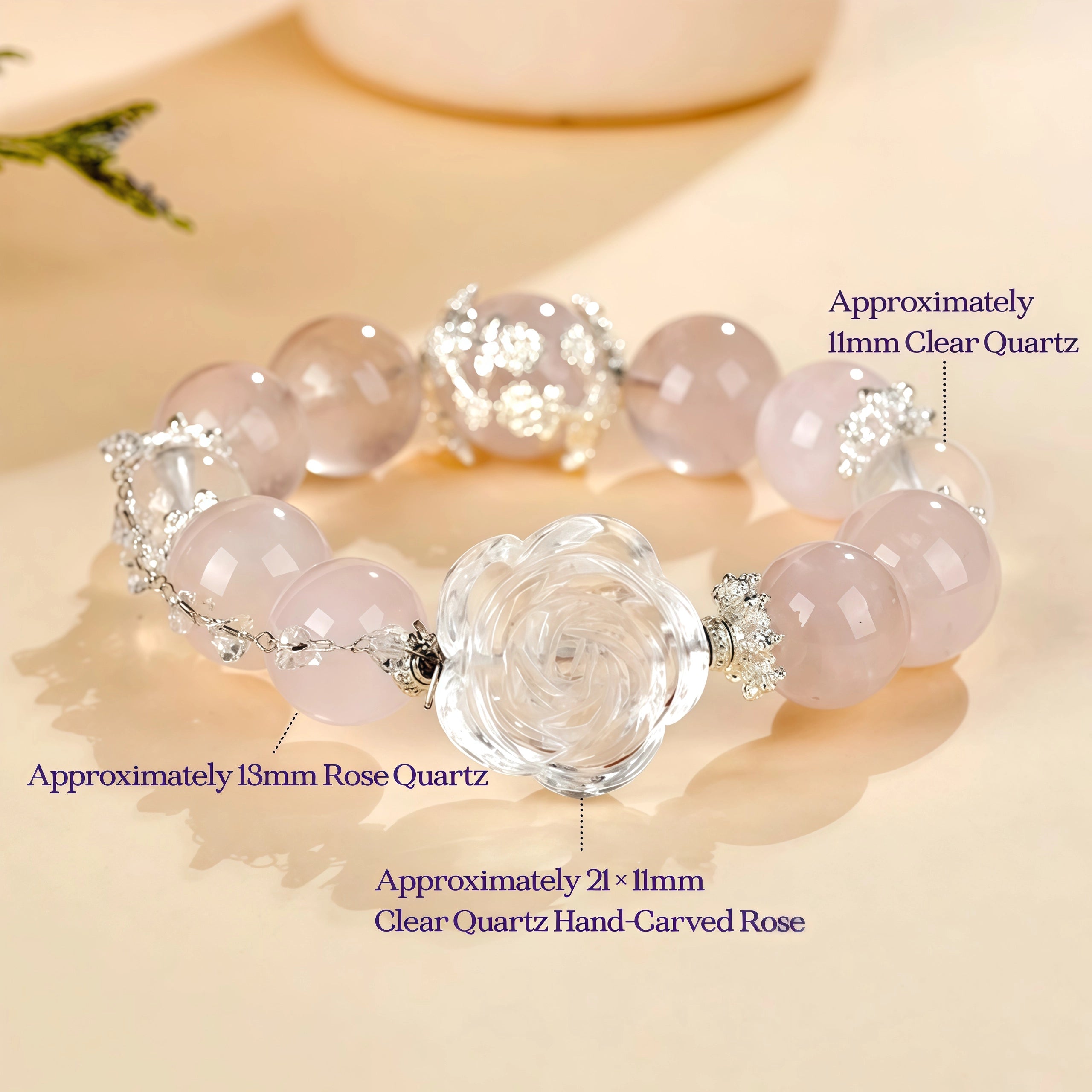 Venus Bloom - Rose Quartz & Clear Quartz Rose Love Bracelet
