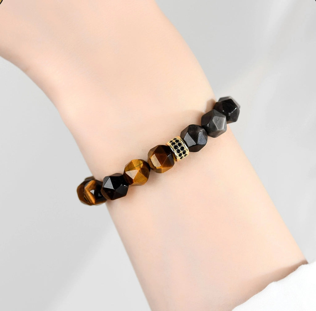 The Prism of Power - Faceted Tiger's Eye & Obsidian Shield Bracelet