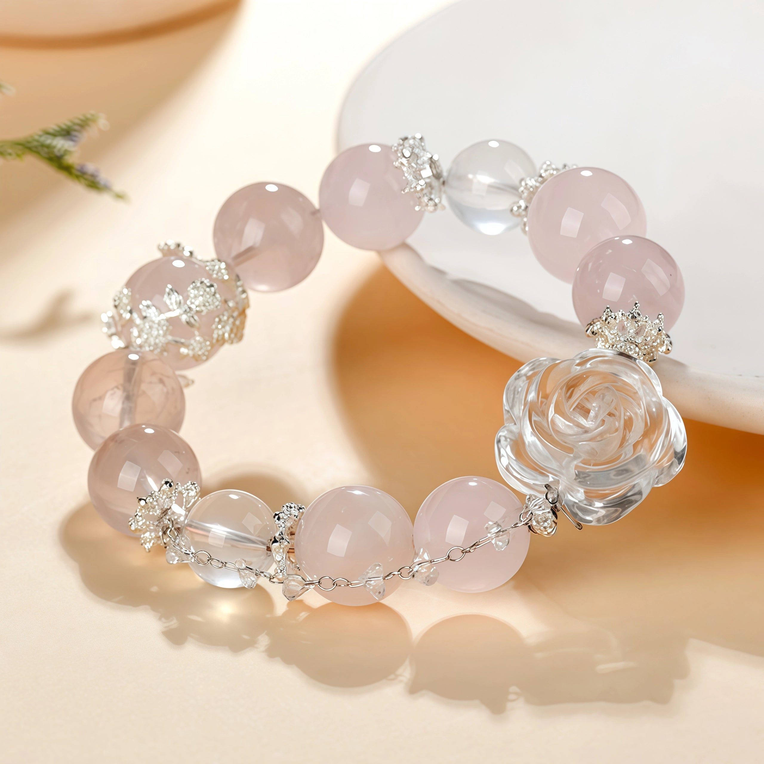 Venus Bloom - Rose Quartz & Clear Quartz Rose Love Bracelet