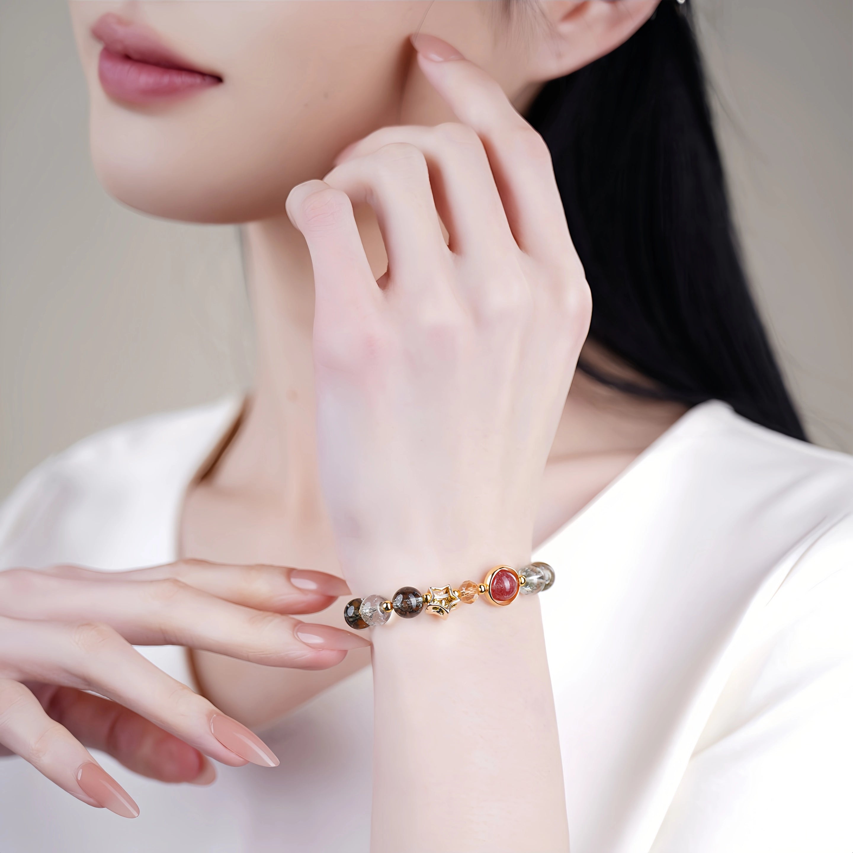 Jupiter's Luck - Green Phantom & Strawberry Quartz Star Bracelet