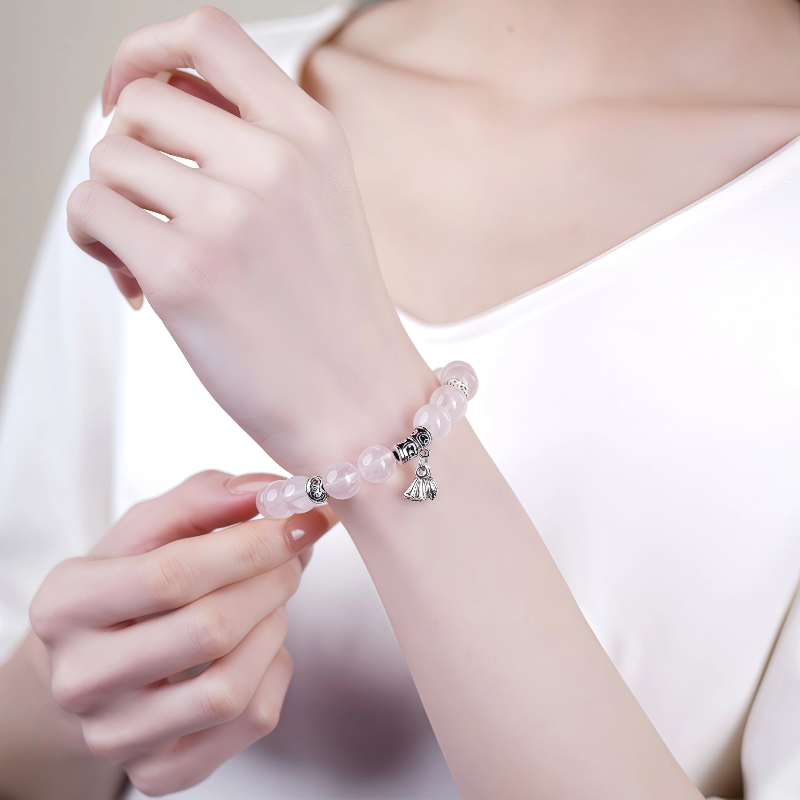 Blossoming Karma - Mozambique Rose Quartz & Silver Lotus Bracelet