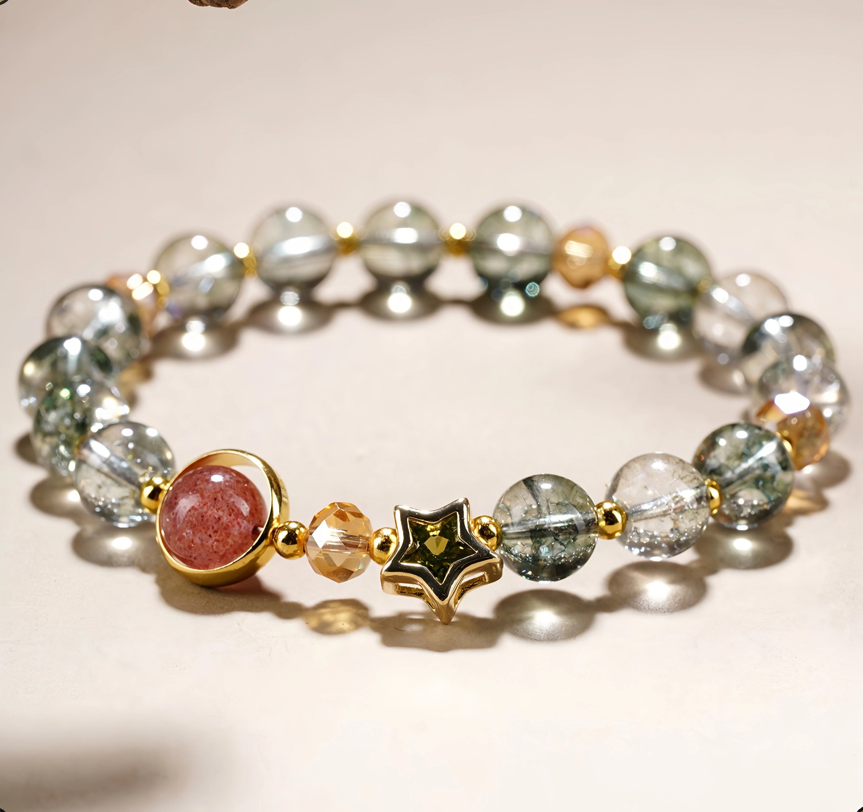 Jupiter's Luck - Green Phantom & Strawberry Quartz Star Bracelet