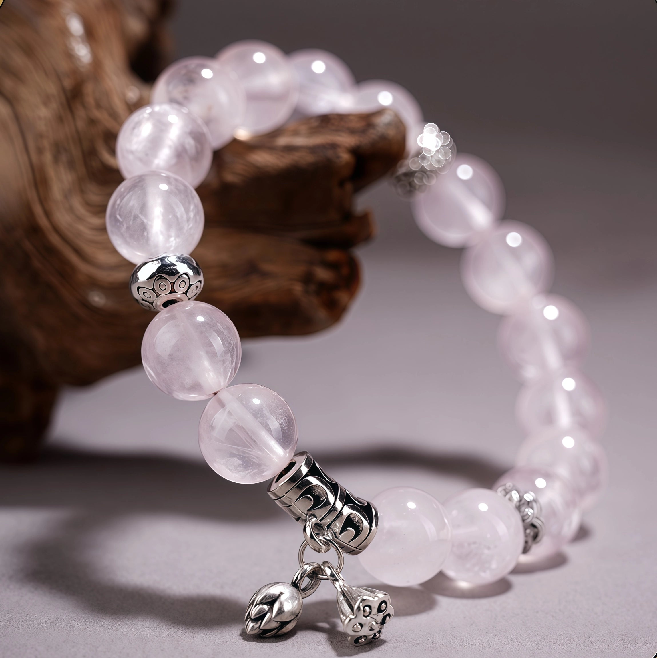Blossoming Karma - Mozambique Rose Quartz & Silver Lotus Bracelet
