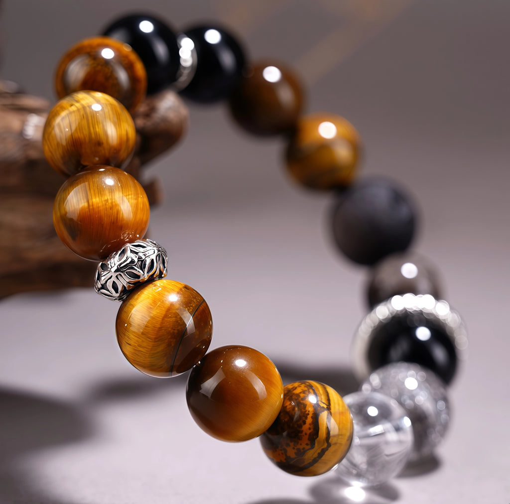 The Celestial Guardian - Tiger's Eye & Silver Obsidian Planet Bracelet