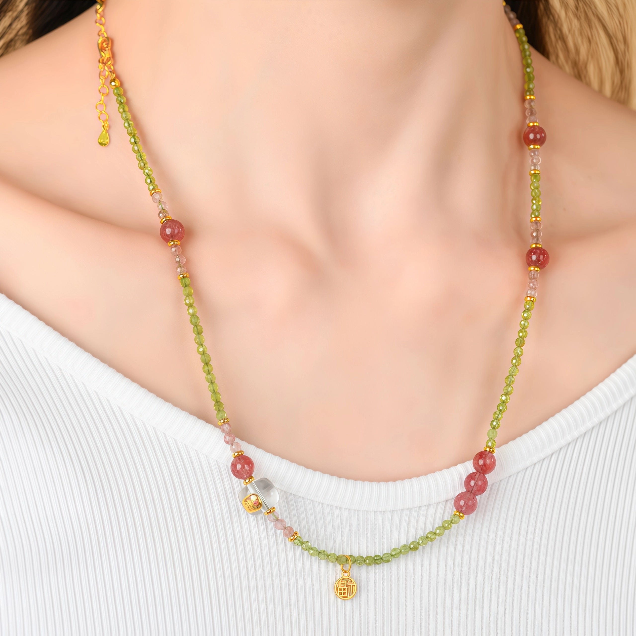 Spring Awakening - Peridot & Strawberry Quartz Layered Necklace