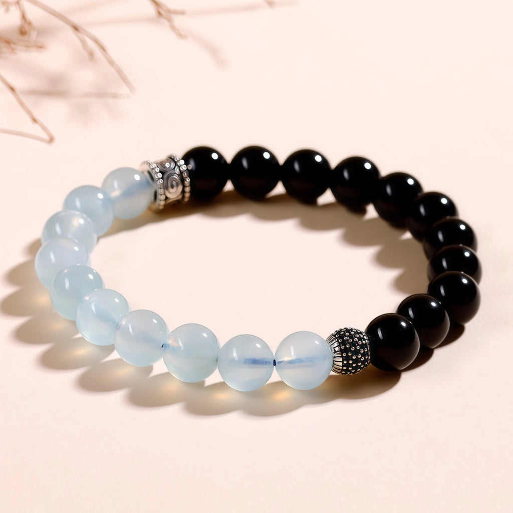Midnight Tides - Aquamarine & Obsidian Silver Bracelet