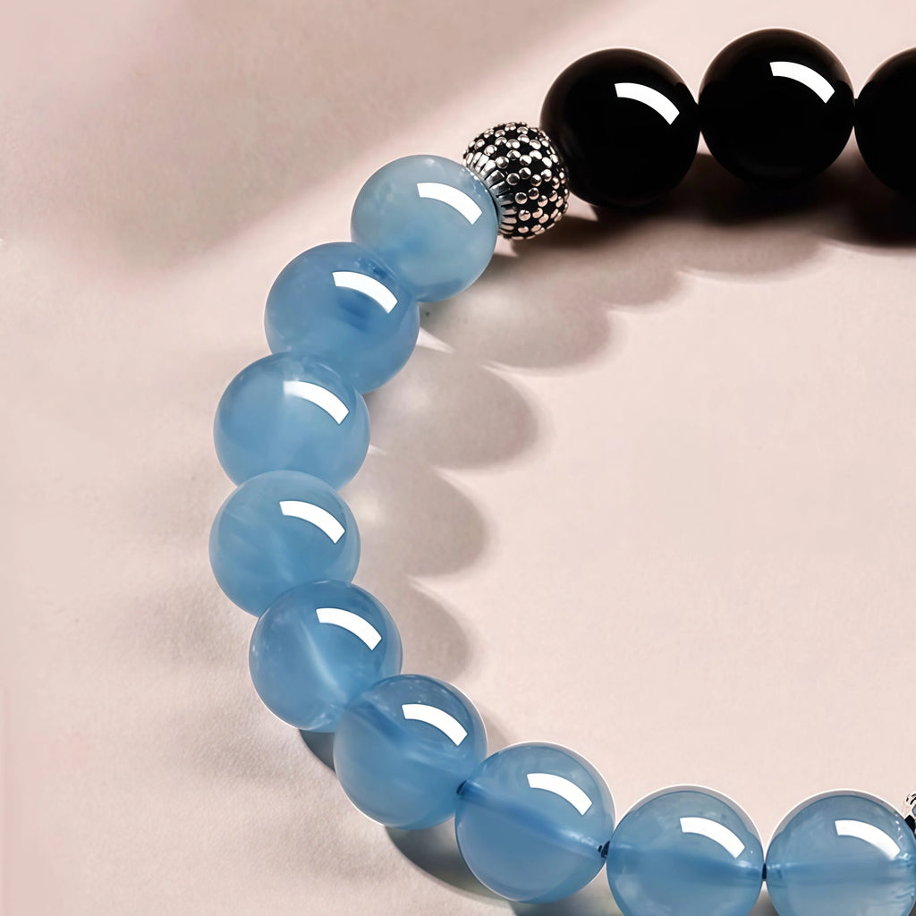 Midnight Tides - Aquamarine & Obsidian Silver Bracelet