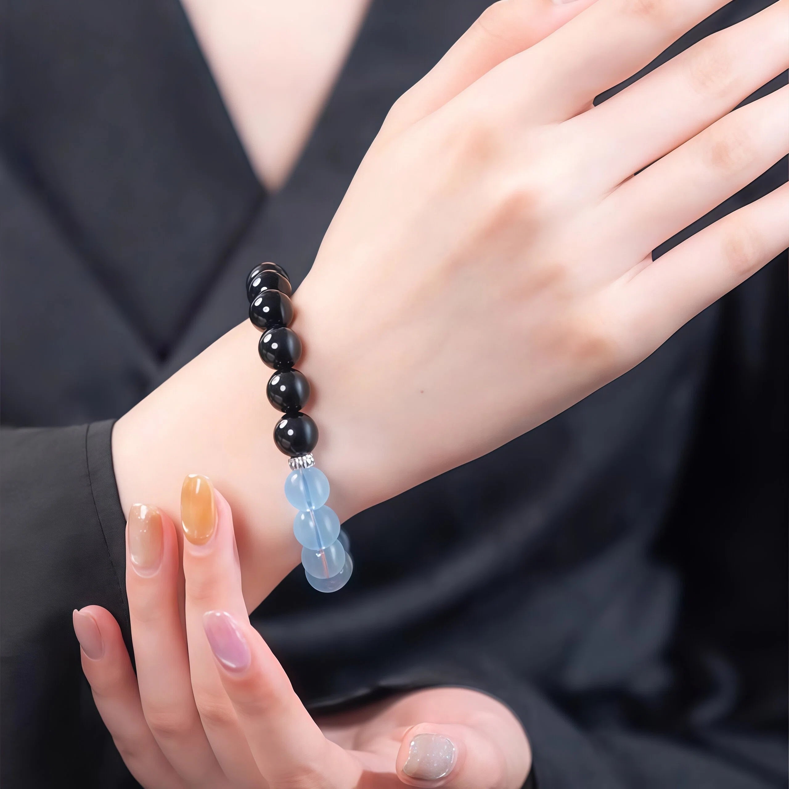 Midnight Tides - Aquamarine & Obsidian Silver Bracelet