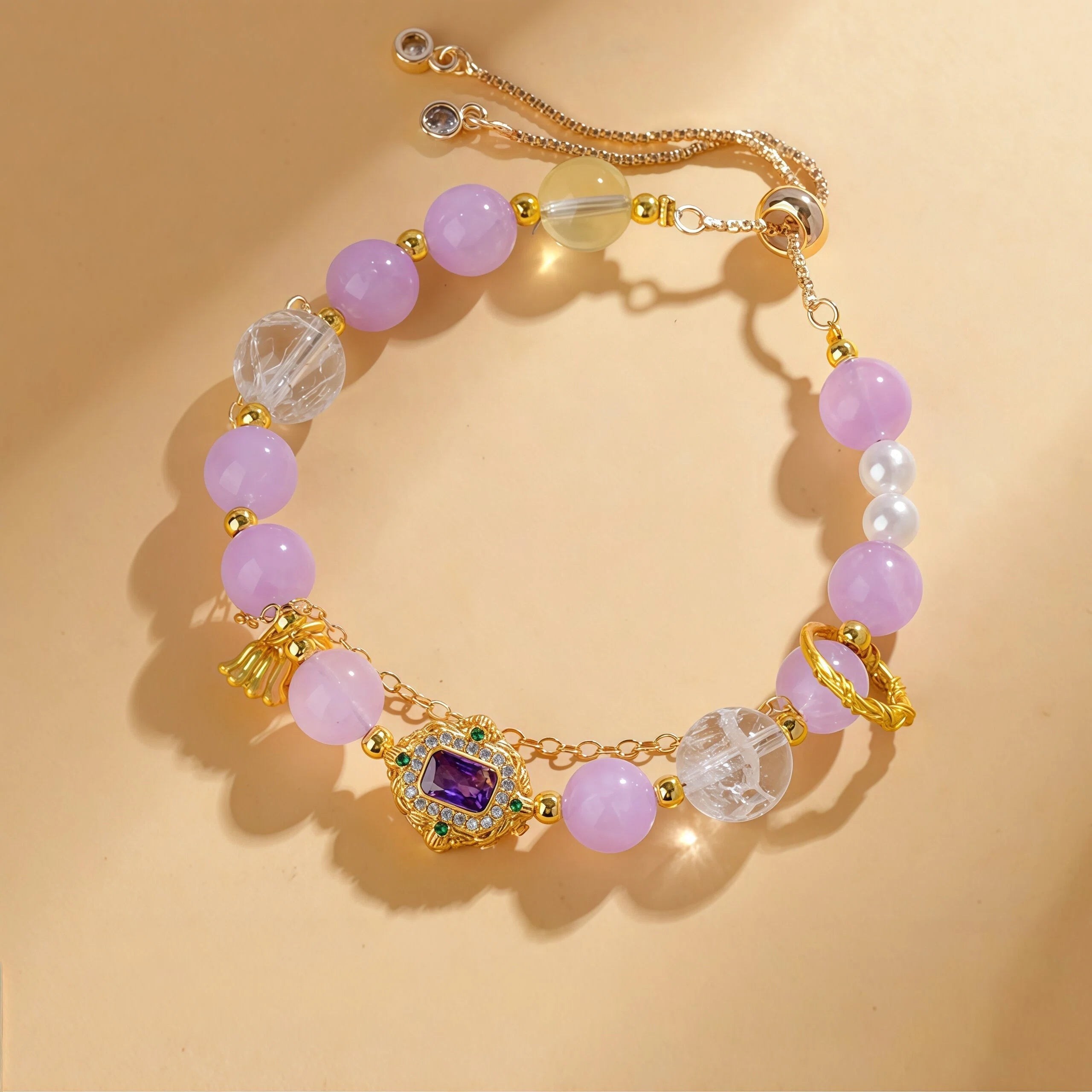 Aries Zodiac Bracelet featuring 8mm Lavender Amethyst and Citrine beads. Gold adjustable healing crystal jewelry for courage with 5mm Pearl accents and purple charm - Kosmos Zen