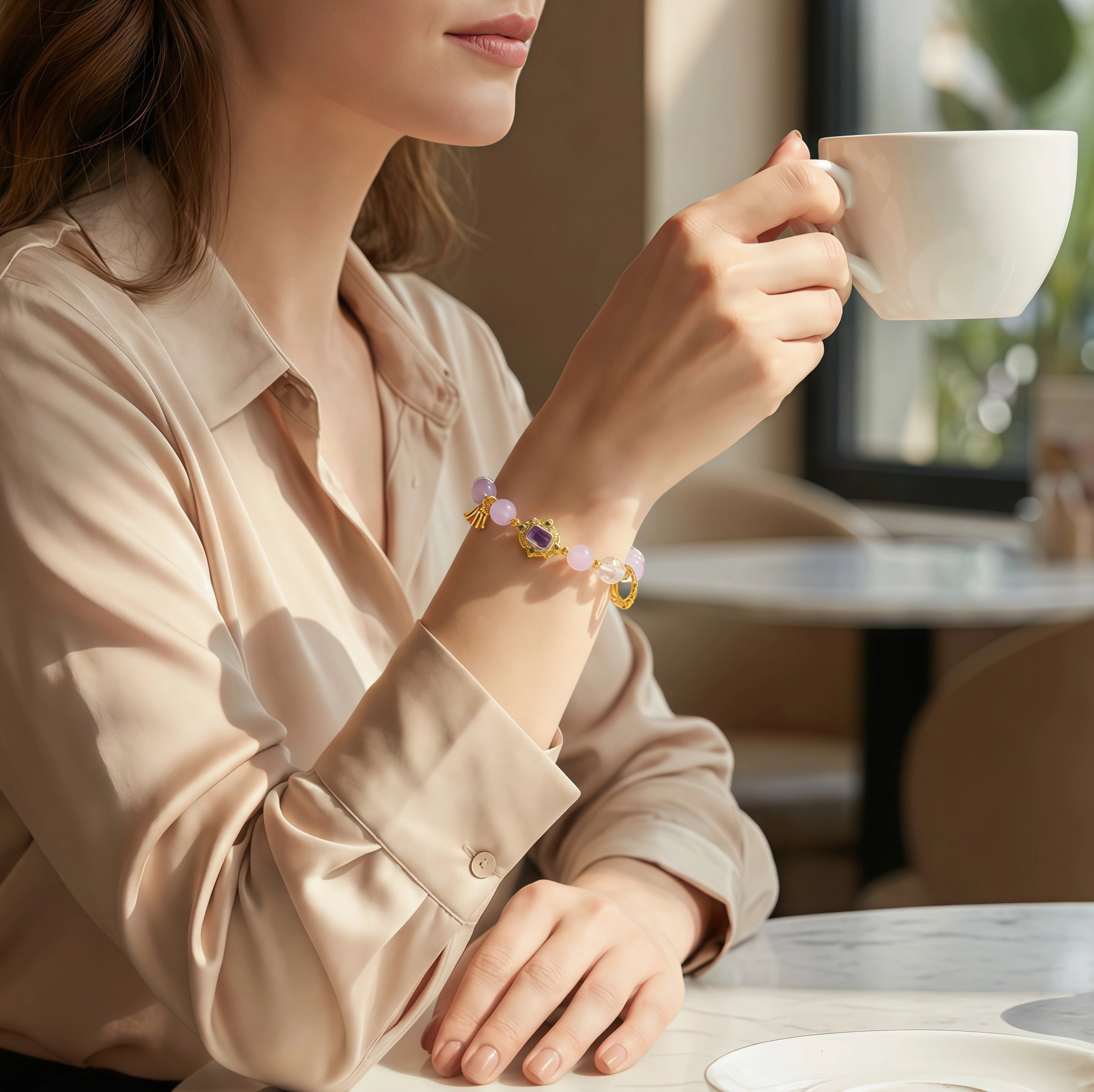 Aries Zodiac Bracelet on model featuring 8mm Lavender Amethyst and Citrine beads. Elegant lifestyle shot of gold healing crystal jewelry with 5mm Pearl accents for everyday wear - Kosmos Zen