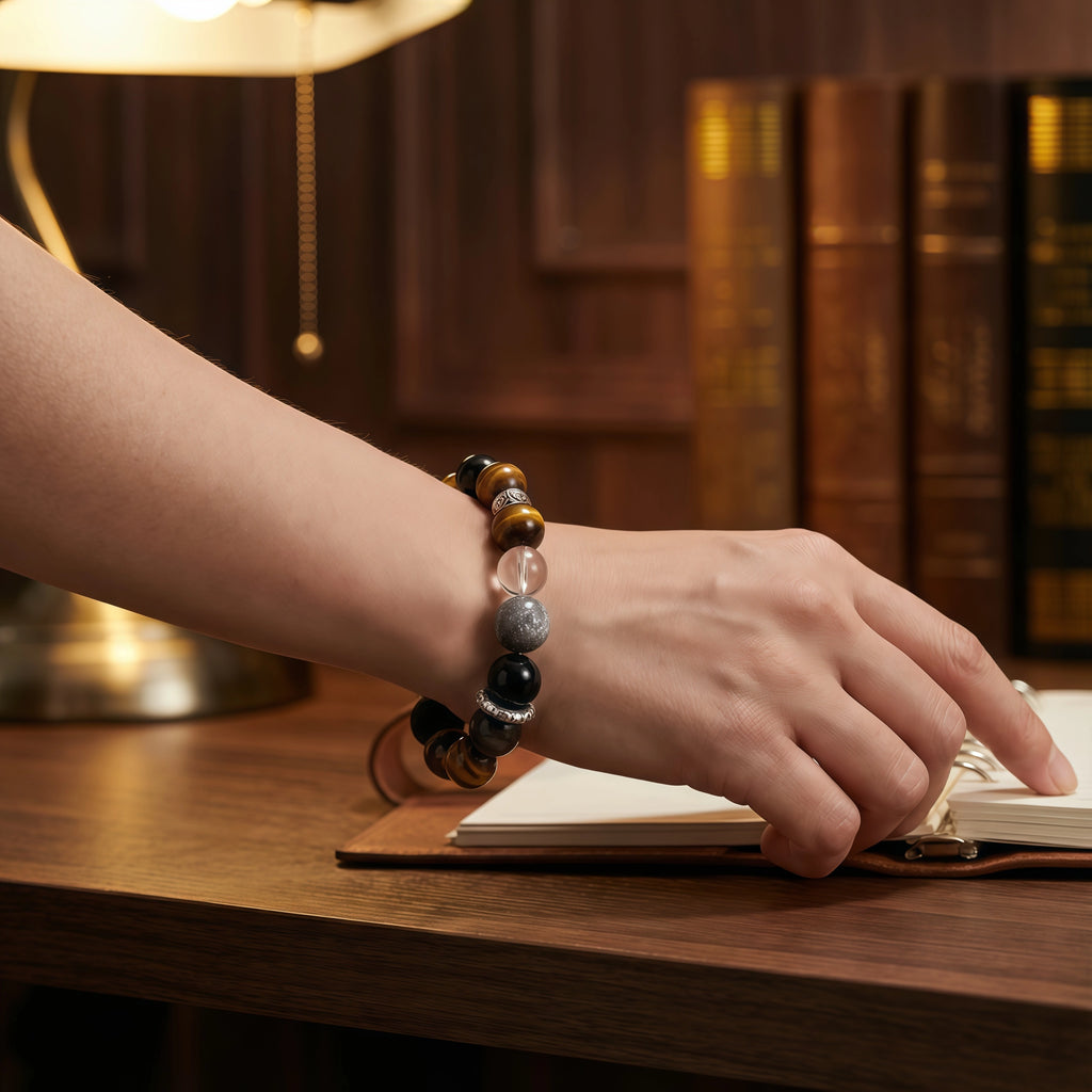 The Celestial Guardian - Tiger's Eye & Silver Obsidian Planet Bracelet