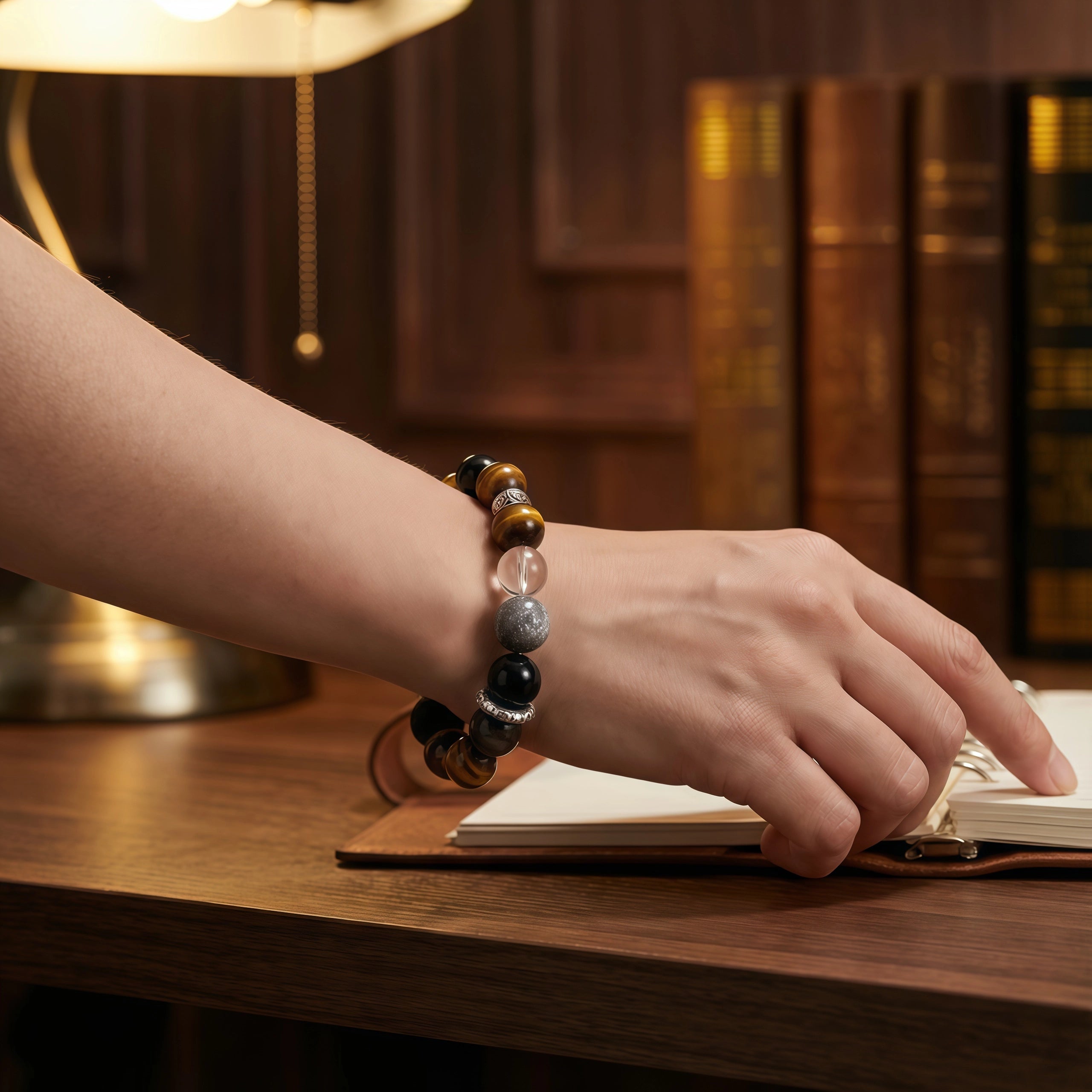 The Celestial Guardian - Tiger's Eye & Silver Obsidian Planet Bracelet