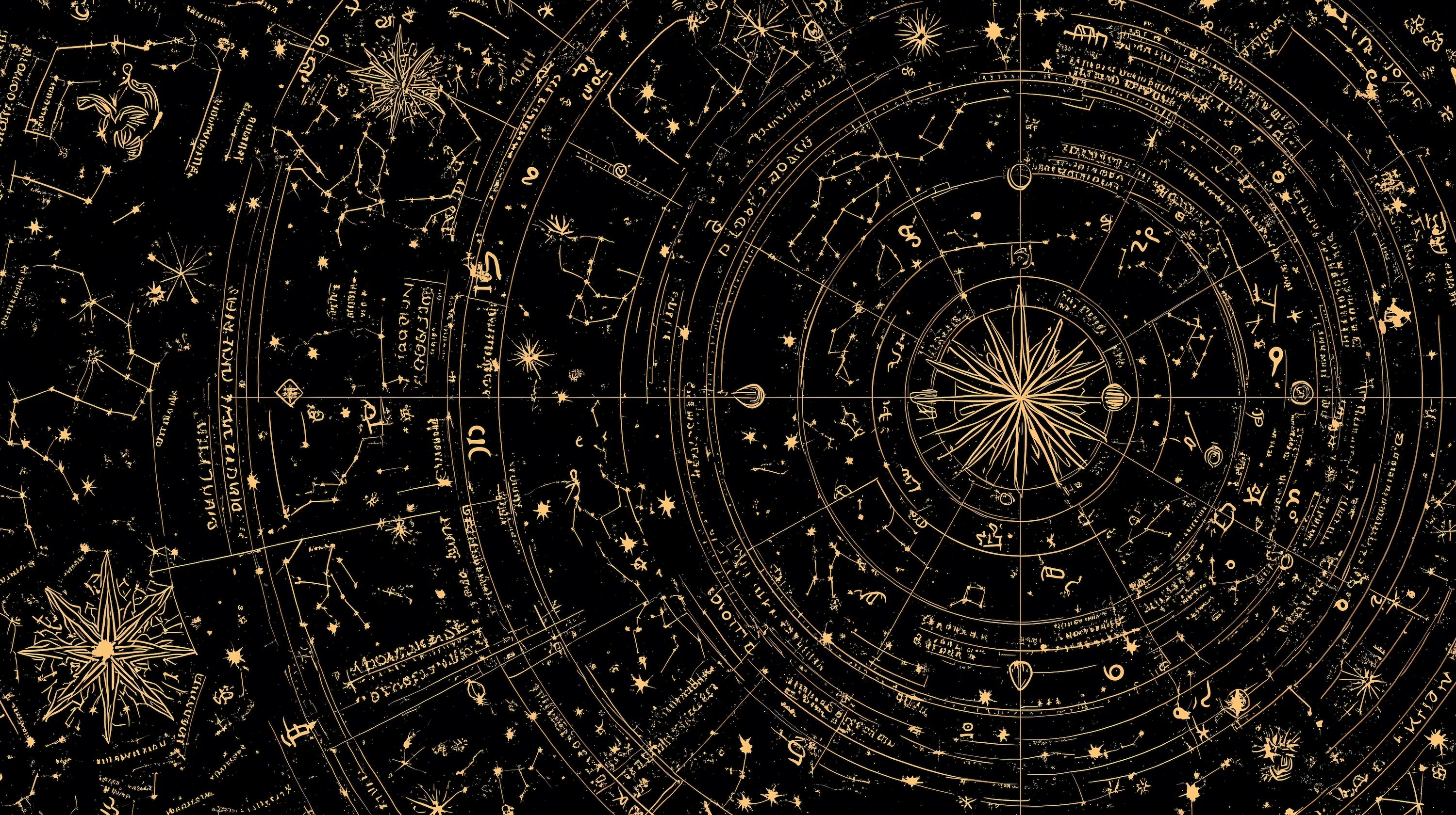 Black and gold astrology chart desktop banner for Kosmos Zen homepage, featuring a detailed celestial star map and horoscope wheel. Shop custom zodiac jewelry.